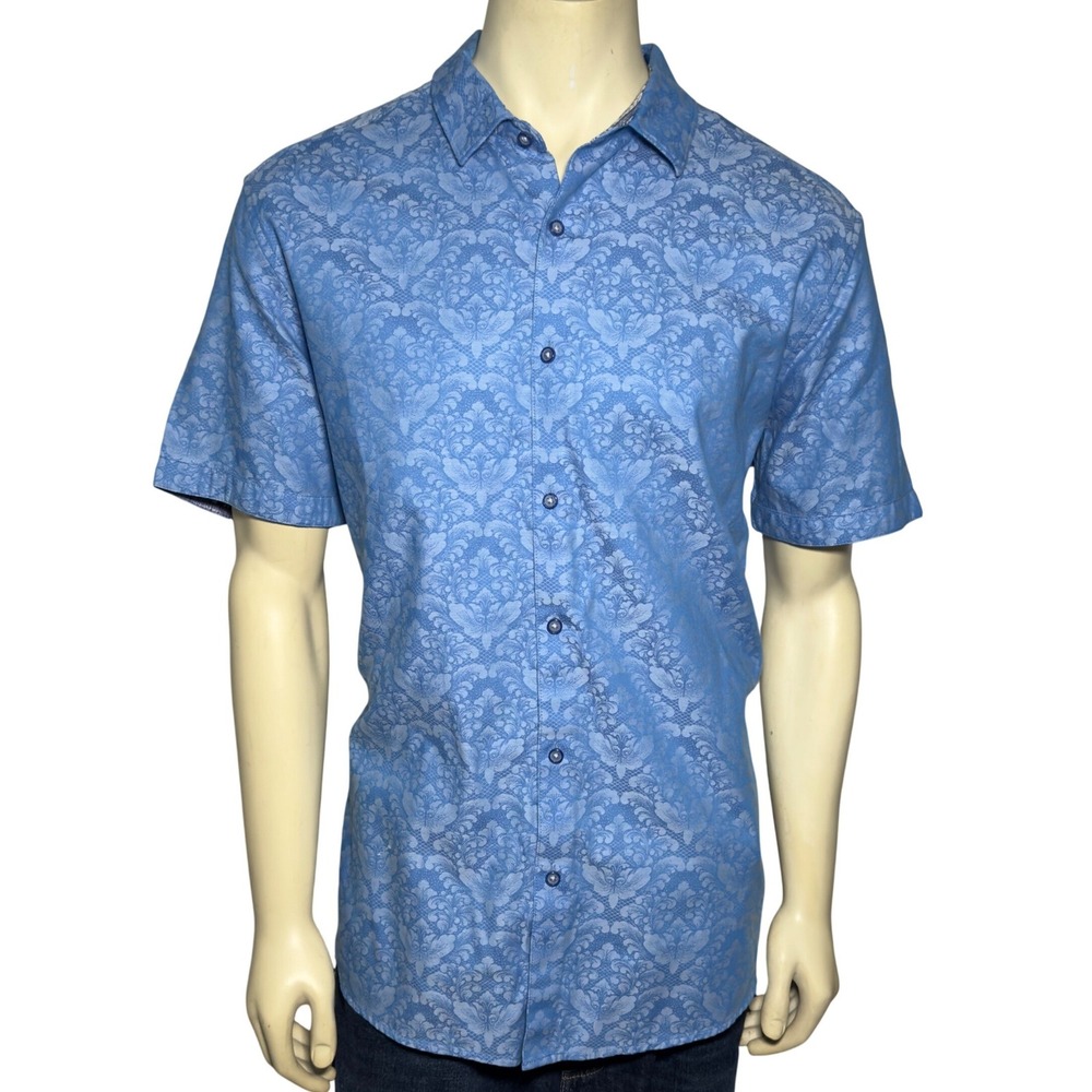 Robert Graham Button Down Mens 2XL‎ Blue Floral Damask Jacquard Short Sleeve